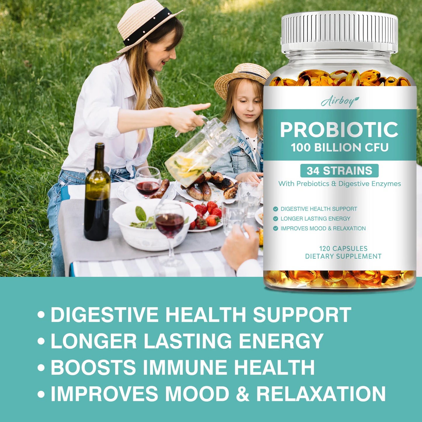 Probiotics 100 Billion CFU - Digestive and Intestinal Health, Relieve Bloating and Constipation, Enhance Immunity - 120 Capsules
