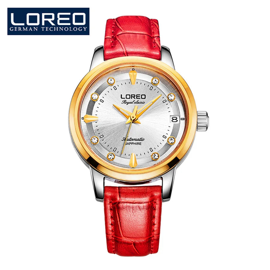 LOREO Sapphire Women's Fashion Automatic Mechanical Watch - Leather Band, Casual, Waterproof Wristwatch Gift