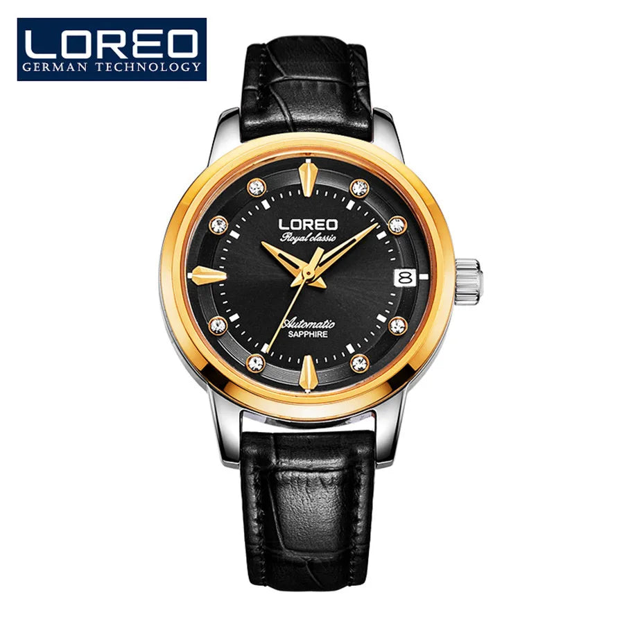 LOREO Sapphire Women's Fashion Automatic Mechanical Watch - Leather Band, Casual, Waterproof Wristwatch Gift