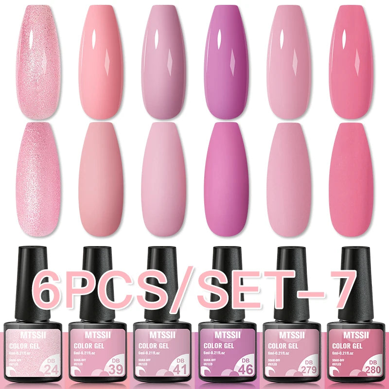 6Pcs Gray Gel Nail Polish Set - Moonlight Colors with Glitter, Semi-Permanent Varnish, Soak-Off UV Gel Manicure Base & Top Coat