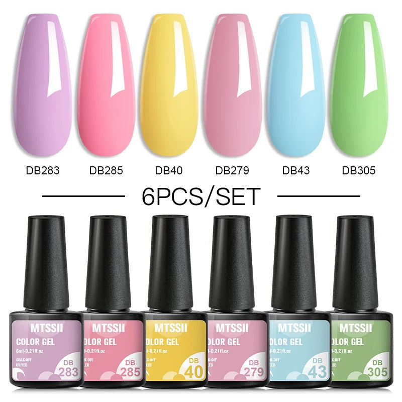6Pcs Gray Gel Nail Polish Set - Moonlight Colors with Glitter, Semi-Permanent Varnish, Soak-Off UV Gel Manicure Base & Top Coat