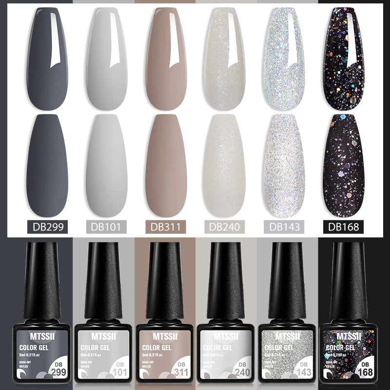 6Pcs Gray Gel Nail Polish Set - Moonlight Colors with Glitter, Semi-Permanent Varnish, Soak-Off UV Gel Manicure Base & Top Coat