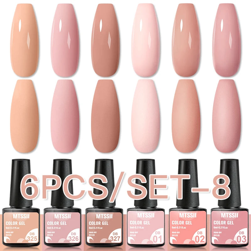 6Pcs Gray Gel Nail Polish Set - Moonlight Colors with Glitter, Semi-Permanent Varnish, Soak-Off UV Gel Manicure Base & Top Coat