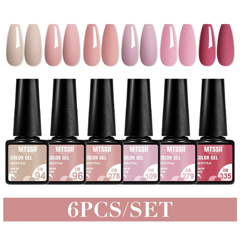 6Pcs Gray Gel Nail Polish Set - Moonlight Colors with Glitter, Semi-Permanent Varnish, Soak-Off UV Gel Manicure Base & Top Coat