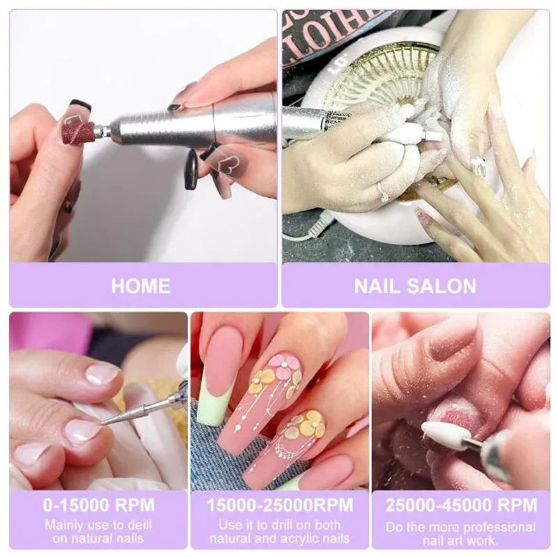 45000RPM Electric Nail Drill Machine - Professional Rechargeable Nail Drill for Gel Nails, Polish, and Manicure Tool