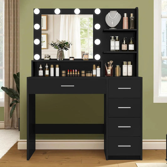 Vanity Desk with Mirror with 5 Drawers & Storage Shelves