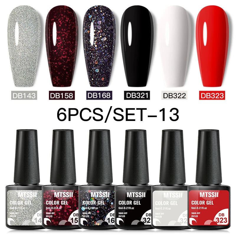 6Pcs Gray Gel Nail Polish Set - Moonlight Colors with Glitter, Semi-Permanent Varnish, Soak-Off UV Gel Manicure Base & Top Coat