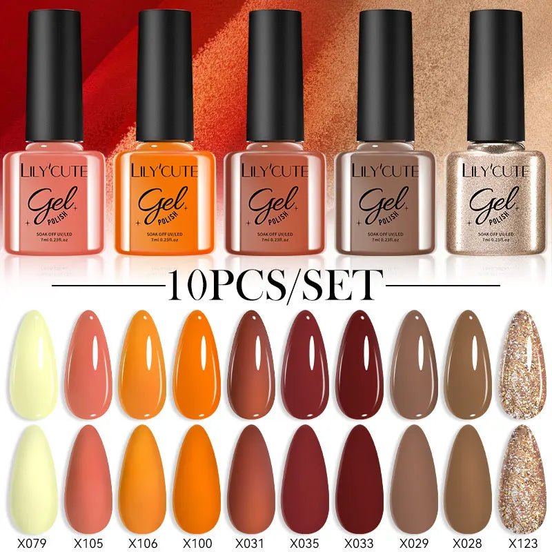 LILYCUTE 10PCS Gel Nail Polish Set, Brown Earth & Coffee Color Series, Semi-Permanent UV LED Soak Off Nail Gel