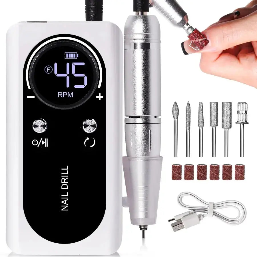 Professional 45000RPM Electric Nail Drill Machine – Rechargeable Portable Low Noise Nail Sander File for Manicure Salon Tool