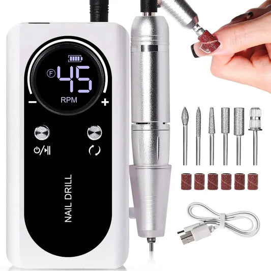 Professional 45000RPM Electric Nail Drill Machine – Rechargeable Portable Low Noise Nail Sander File for Manicure Salon Tool