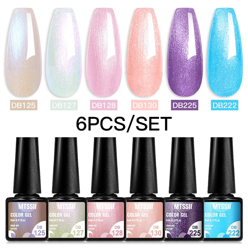 6Pcs Gray Gel Nail Polish Set - Moonlight Colors with Glitter, Semi-Permanent Varnish, Soak-Off UV Gel Manicure Base & Top Coat