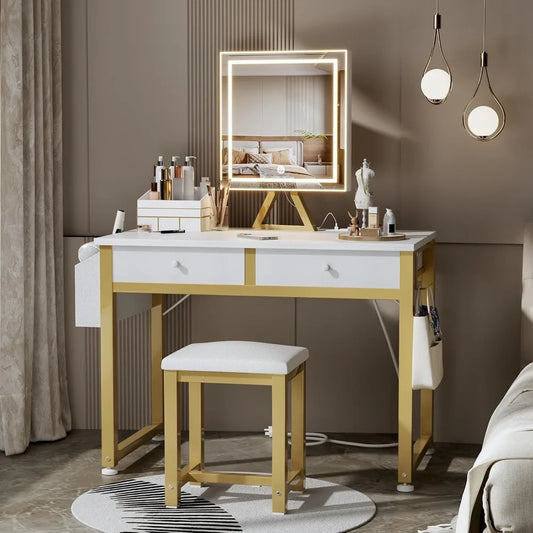 32-Inch White Makeup Vanity Desk with Mirror & Lights – Compact Dressing Table with Fabric Drawers & Chair