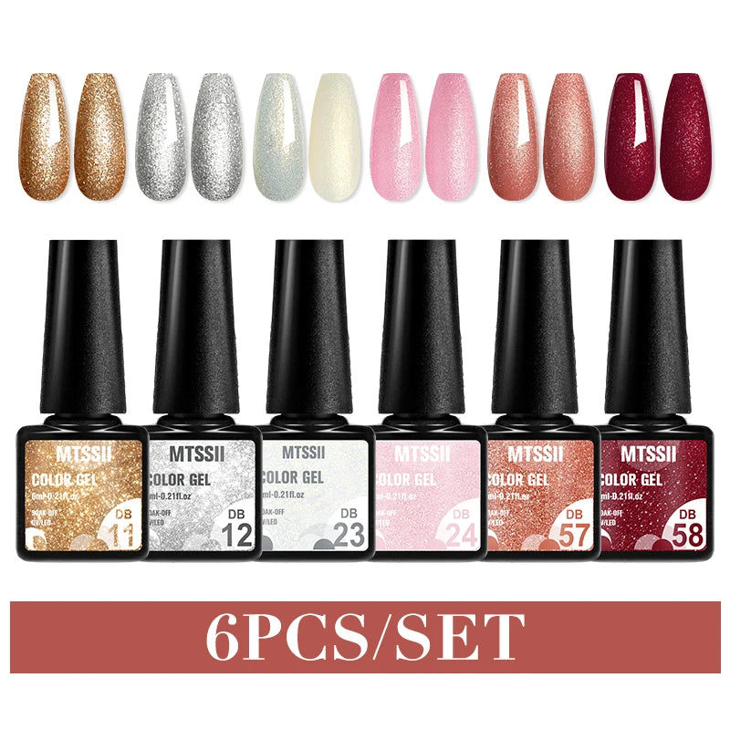 6Pcs Gray Gel Nail Polish Set - Moonlight Colors with Glitter, Semi-Permanent Varnish, Soak-Off UV Gel Manicure Base & Top Coat