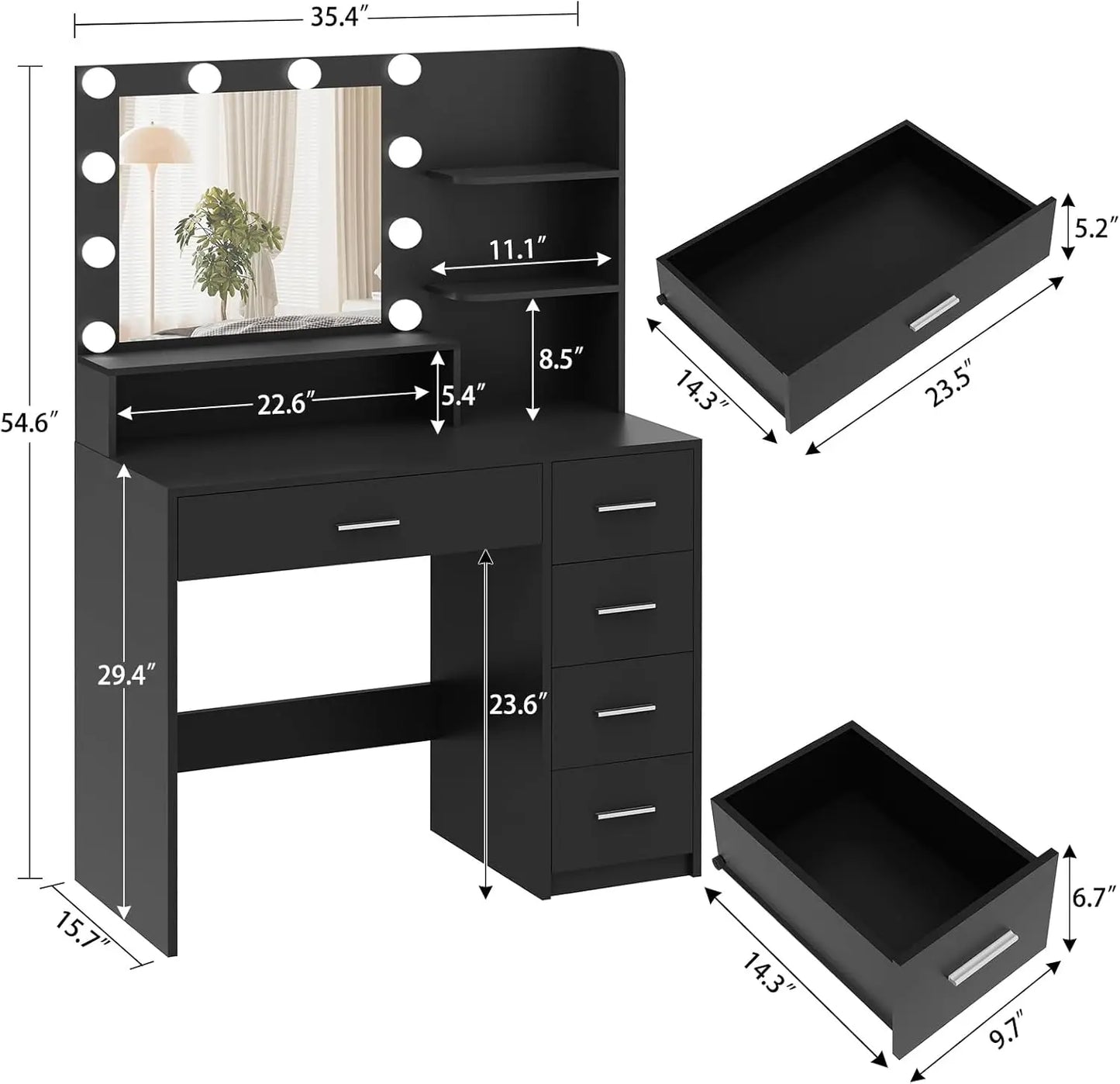 Vanity Desk with Mirror with 5 Drawers & Storage Shelves