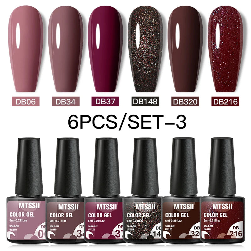 6Pcs Gray Gel Nail Polish Set - Moonlight Colors with Glitter, Semi-Permanent Varnish, Soak-Off UV Gel Manicure Base & Top Coat