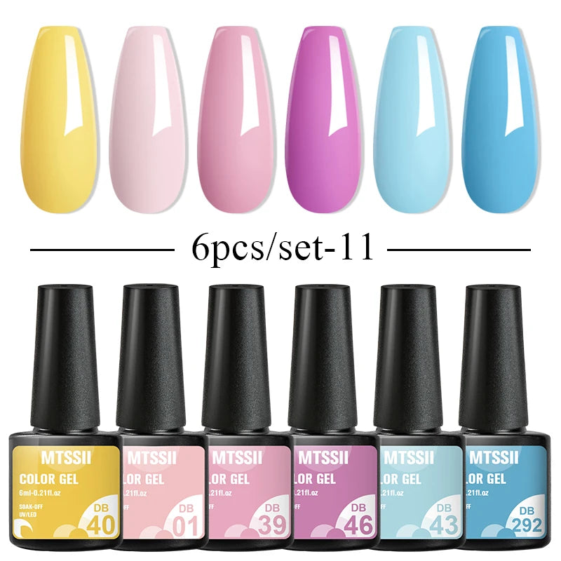 6Pcs Gray Gel Nail Polish Set - Moonlight Colors with Glitter, Semi-Permanent Varnish, Soak-Off UV Gel Manicure Base & Top Coat