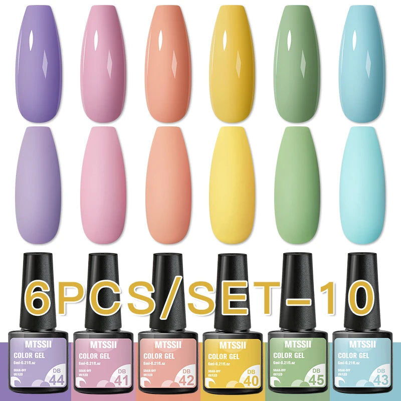 6Pcs Gray Gel Nail Polish Set - Moonlight Colors with Glitter, Semi-Permanent Varnish, Soak-Off UV Gel Manicure Base & Top Coat