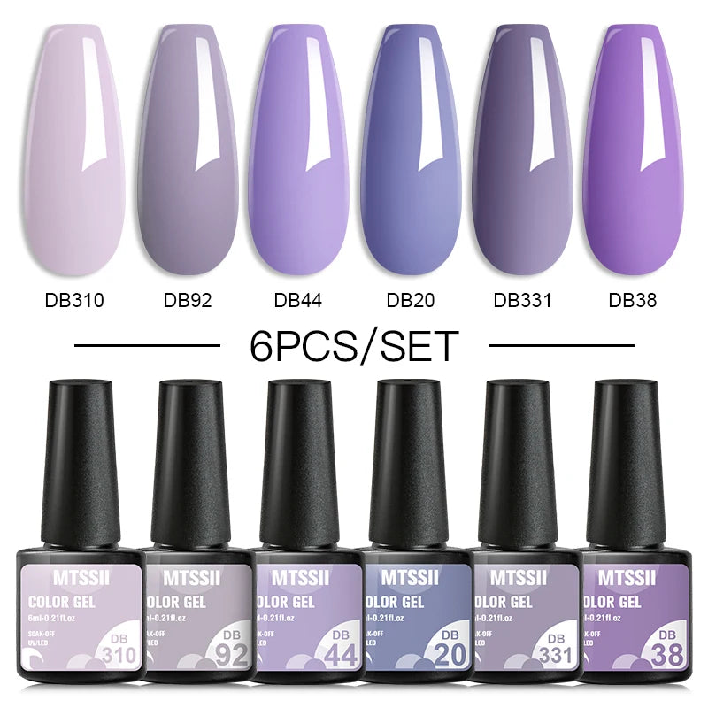 6Pcs Gray Gel Nail Polish Set - Moonlight Colors with Glitter, Semi-Permanent Varnish, Soak-Off UV Gel Manicure Base & Top Coat