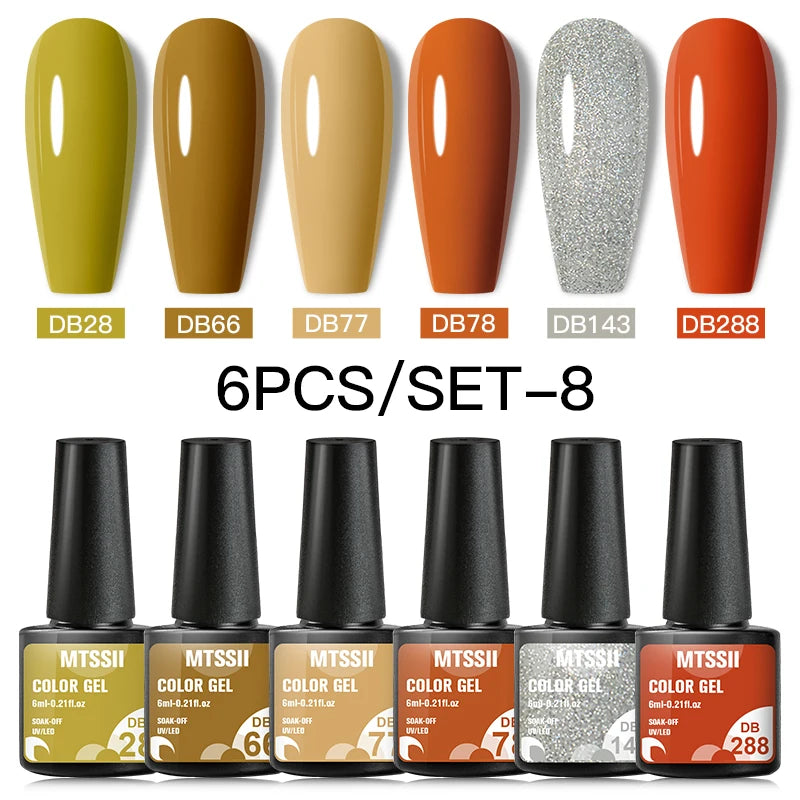 6Pcs Gray Gel Nail Polish Set - Moonlight Colors with Glitter, Semi-Permanent Varnish, Soak-Off UV Gel Manicure Base & Top Coat