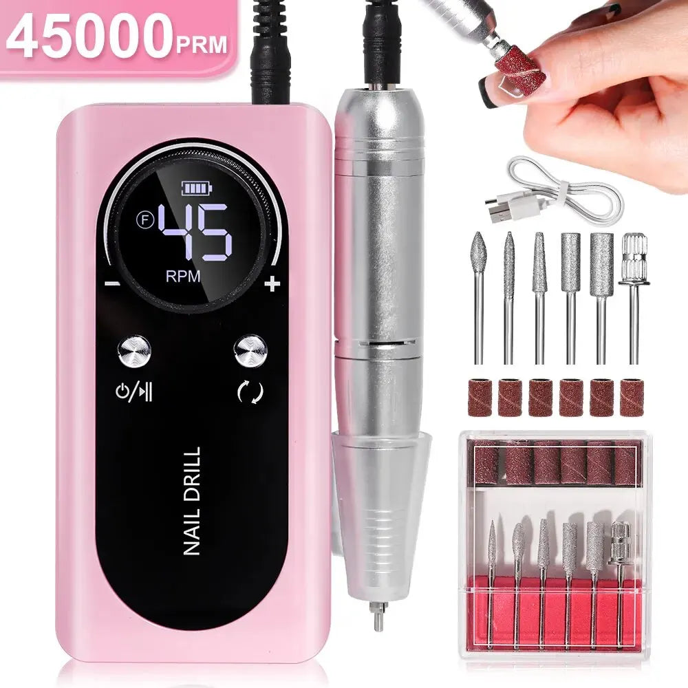 Professional 45000RPM Electric Nail Drill Machine – Rechargeable Portable Low Noise Nail Sander File for Manicure Salon Tool