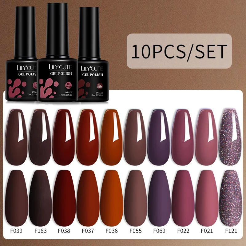 LILYCUTE 10PCS Gel Nail Polish Set, Brown Earth & Coffee Color Series, Semi-Permanent UV LED Soak Off Nail Gel