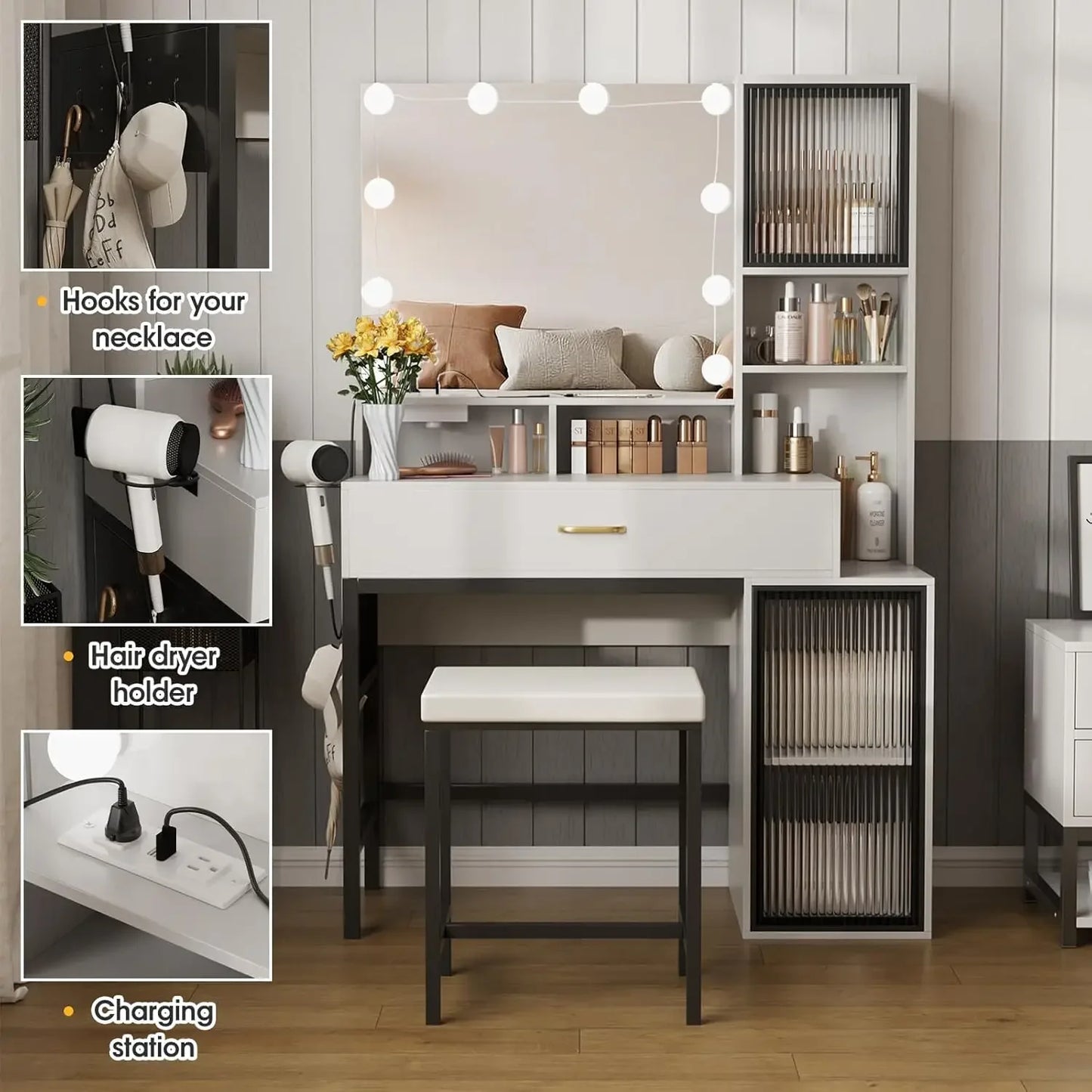 Vanity Desk with Mirror & Lights – Makeup Vanity with 3-Color LED, Charging Station & Clothes Hook, Large Storage Vanity Set