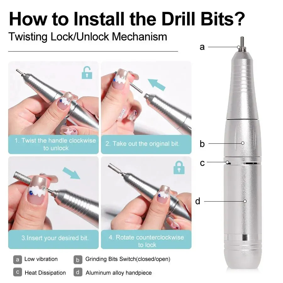 Professional 45000RPM Electric Nail Drill Machine – Rechargeable Portable Low Noise Nail Sander File for Manicure Salon Tool