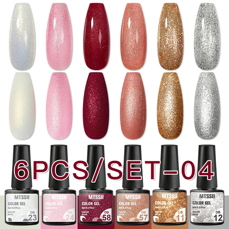6Pcs Gray Gel Nail Polish Set - Moonlight Colors with Glitter, Semi-Permanent Varnish, Soak-Off UV Gel Manicure Base & Top Coat