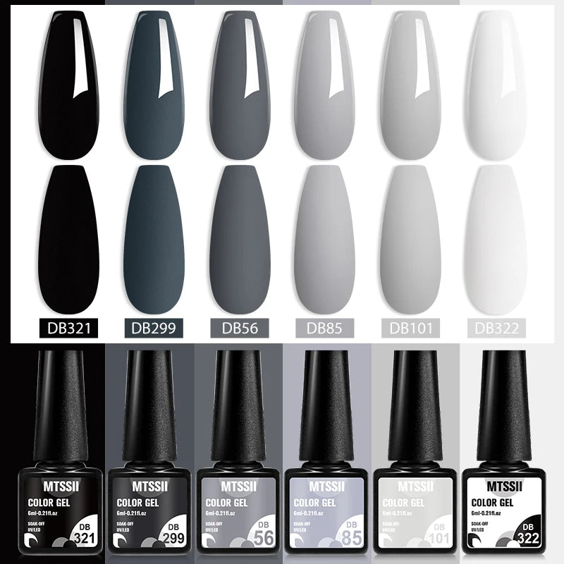 6Pcs Gray Gel Nail Polish Set - Moonlight Colors with Glitter, Semi-Permanent Varnish, Soak-Off UV Gel Manicure Base & Top Coat