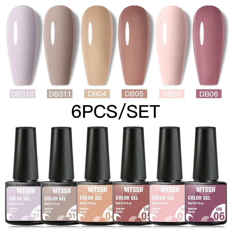 6Pcs Gray Gel Nail Polish Set - Moonlight Colors with Glitter, Semi-Permanent Varnish, Soak-Off UV Gel Manicure Base & Top Coat