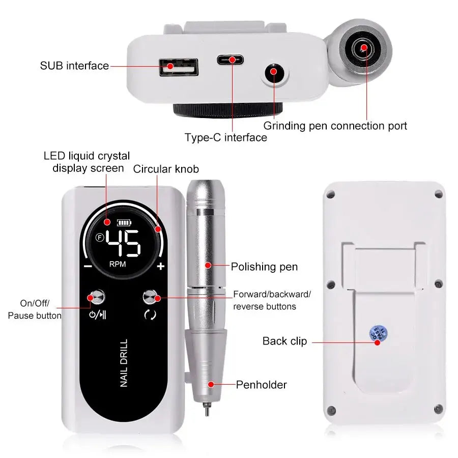 Professional 45000RPM Electric Nail Drill Machine – Rechargeable Portable Low Noise Nail Sander File for Manicure Salon Tool