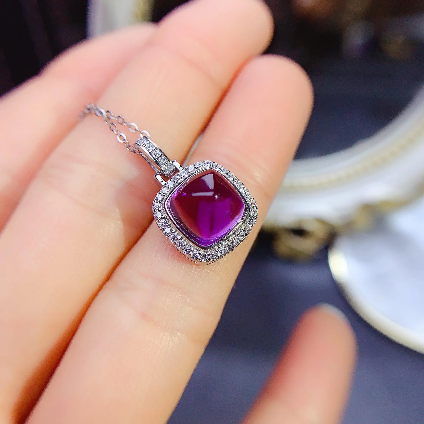 925 Silver Pendant with Natural Amethyst Gemstone - 8*8mm