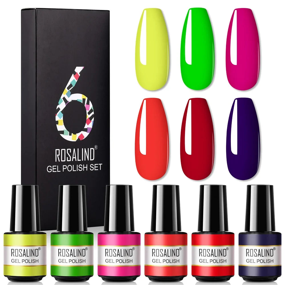 ROSALIND 6PCS Nail Gel Polish Set for Manicure & Nail Art Design, Soak Off Semi-Permanent UV Hybrid Varnish