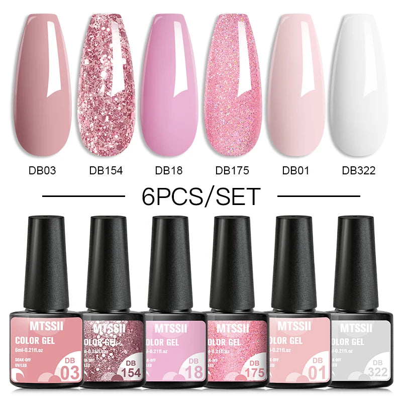 6Pcs Gray Gel Nail Polish Set - Moonlight Colors with Glitter, Semi-Permanent Varnish, Soak-Off UV Gel Manicure Base & Top Coat