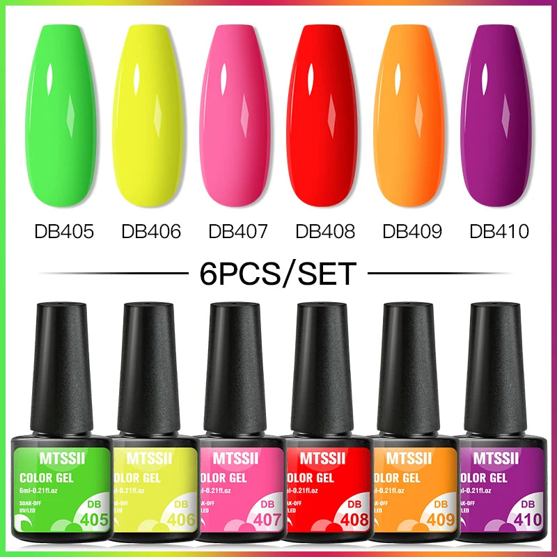 6Pcs Gray Gel Nail Polish Set - Moonlight Colors with Glitter, Semi-Permanent Varnish, Soak-Off UV Gel Manicure Base & Top Coat