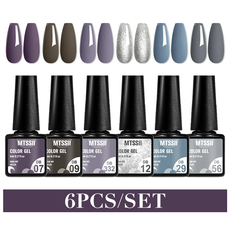 6Pcs Gray Gel Nail Polish Set - Moonlight Colors with Glitter, Semi-Permanent Varnish, Soak-Off UV Gel Manicure Base & Top Coat