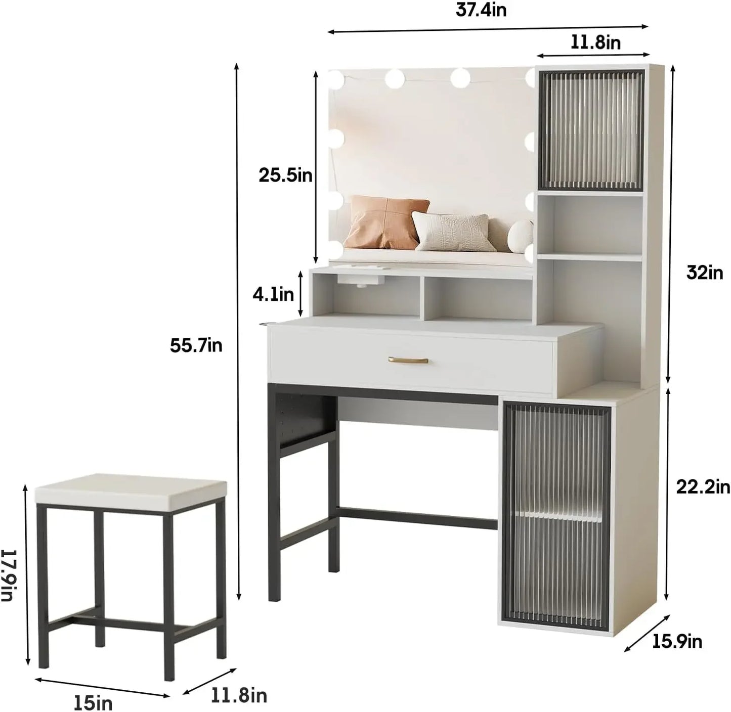 Vanity Desk with Mirror & Lights – Makeup Vanity with 3-Color LED, Charging Station & Clothes Hook, Large Storage Vanity Set