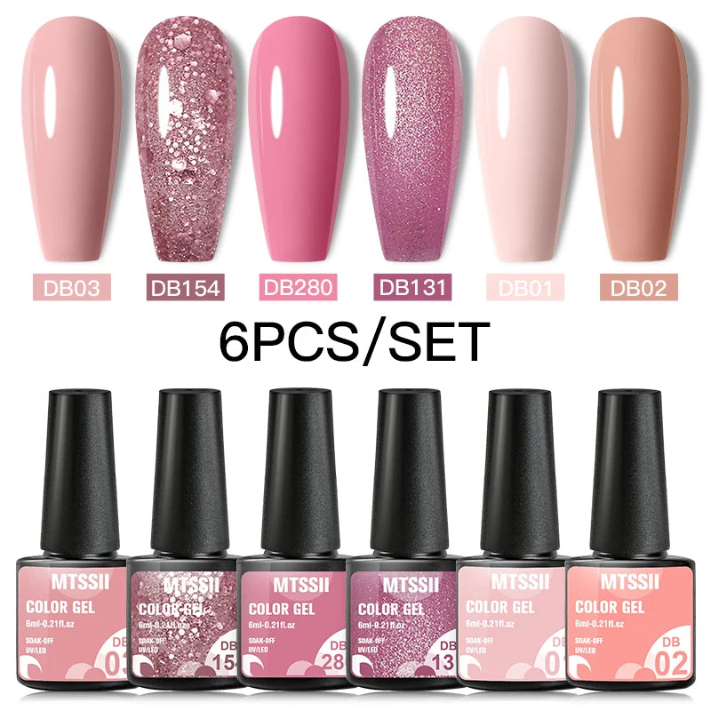 6Pcs Gray Gel Nail Polish Set - Moonlight Colors with Glitter, Semi-Permanent Varnish, Soak-Off UV Gel Manicure Base & Top Coat