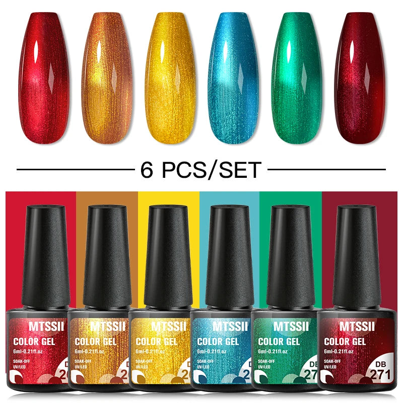 6Pcs Gray Gel Nail Polish Set - Moonlight Colors with Glitter, Semi-Permanent Varnish, Soak-Off UV Gel Manicure Base & Top Coat