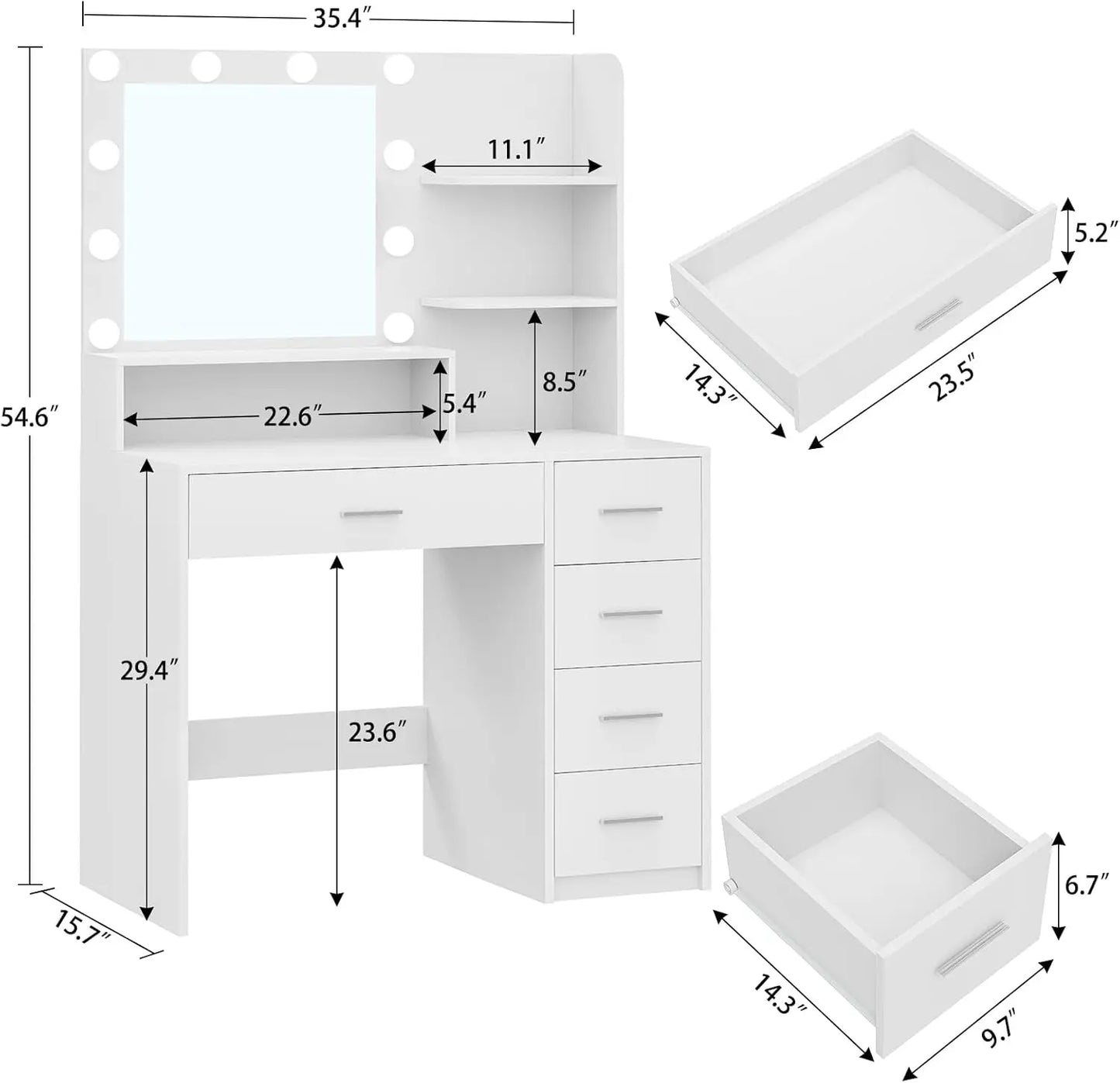 Vanity Desk with Mirror with 5 Drawers & Storage Shelves
