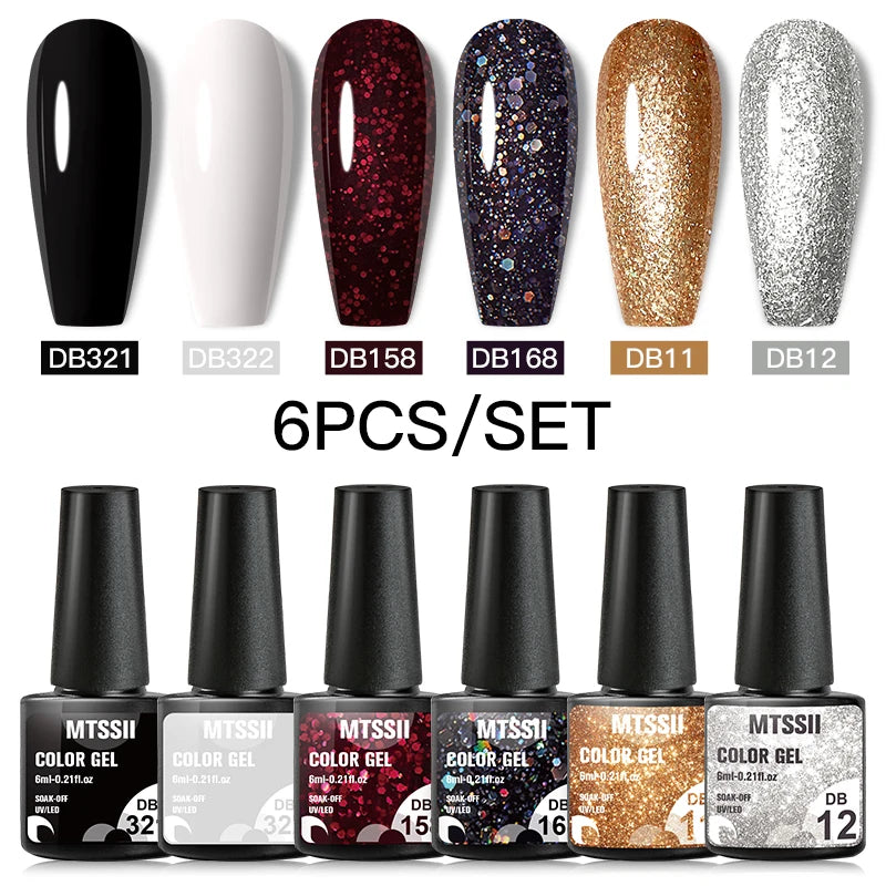 6Pcs Gray Gel Nail Polish Set - Moonlight Colors with Glitter, Semi-Permanent Varnish, Soak-Off UV Gel Manicure Base & Top Coat