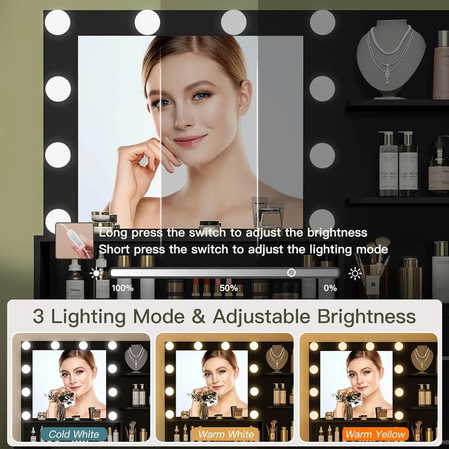 Vanity Desk with Mirror with 5 Drawers & Storage Shelves