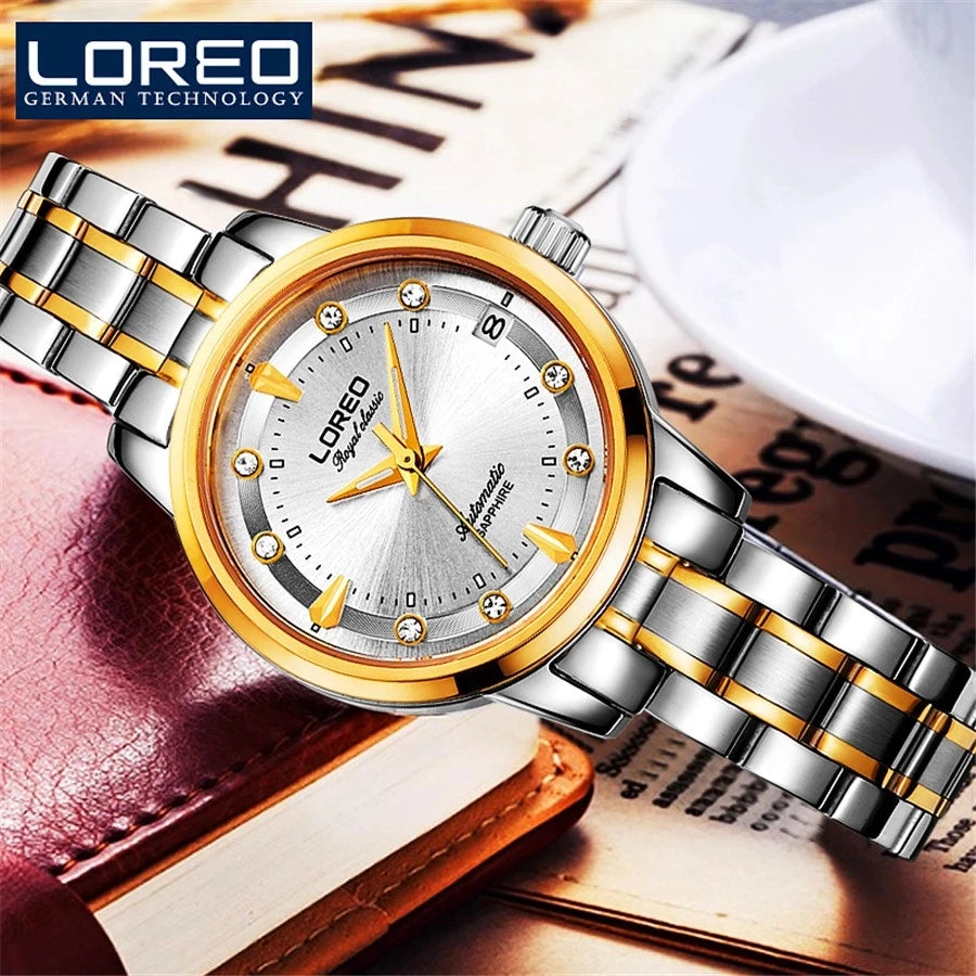 LOREO Sapphire Women's Fashion Automatic Mechanical Watch - Leather Band, Casual, Waterproof Wristwatch Gift