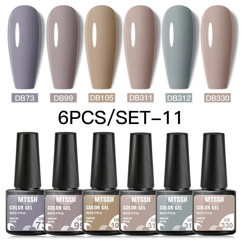 6Pcs Gray Gel Nail Polish Set - Moonlight Colors with Glitter, Semi-Permanent Varnish, Soak-Off UV Gel Manicure Base & Top Coat