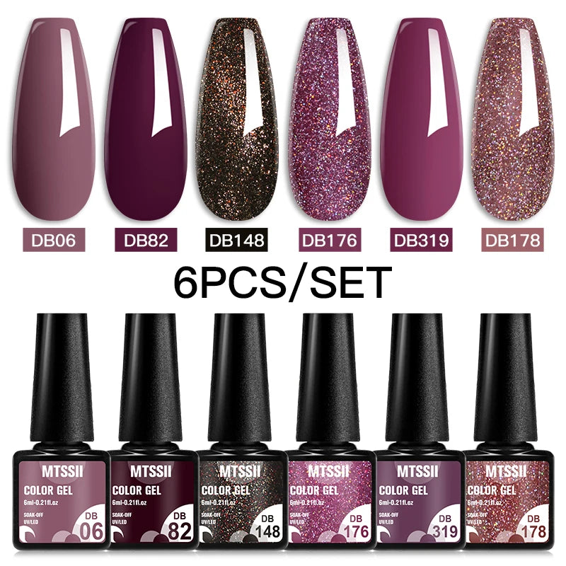 6Pcs Gray Gel Nail Polish Set - Moonlight Colors with Glitter, Semi-Permanent Varnish, Soak-Off UV Gel Manicure Base & Top Coat
