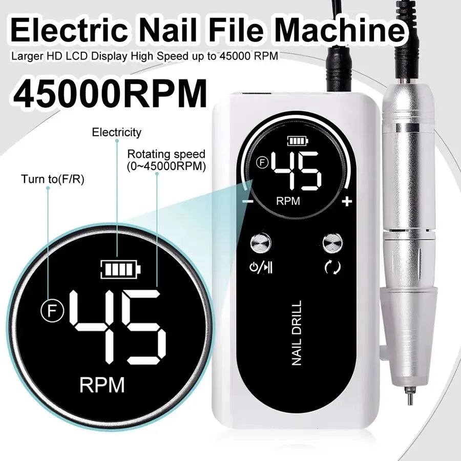 Professional 45000RPM Electric Nail Drill Machine – Rechargeable Portable Low Noise Nail Sander File for Manicure Salon Tool