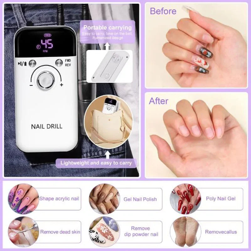 45000RPM Electric Nail Drill Machine - Professional Rechargeable Nail Drill for Gel Nails, Polish, and Manicure Tool