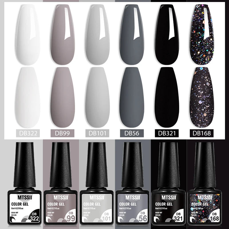 6Pcs Gray Gel Nail Polish Set - Moonlight Colors with Glitter, Semi-Permanent Varnish, Soak-Off UV Gel Manicure Base & Top Coat