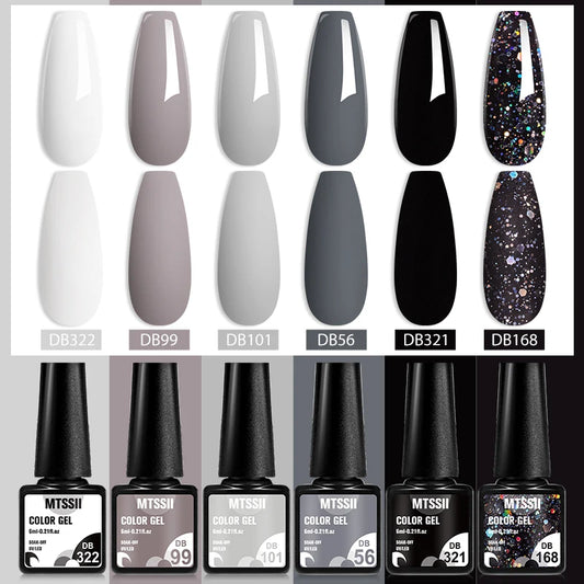 6Pcs Gray Gel Nail Polish Set - Moonlight Colors with Glitter, Semi-Permanent Varnish, Soak-Off UV Gel Manicure Base & Top Coat