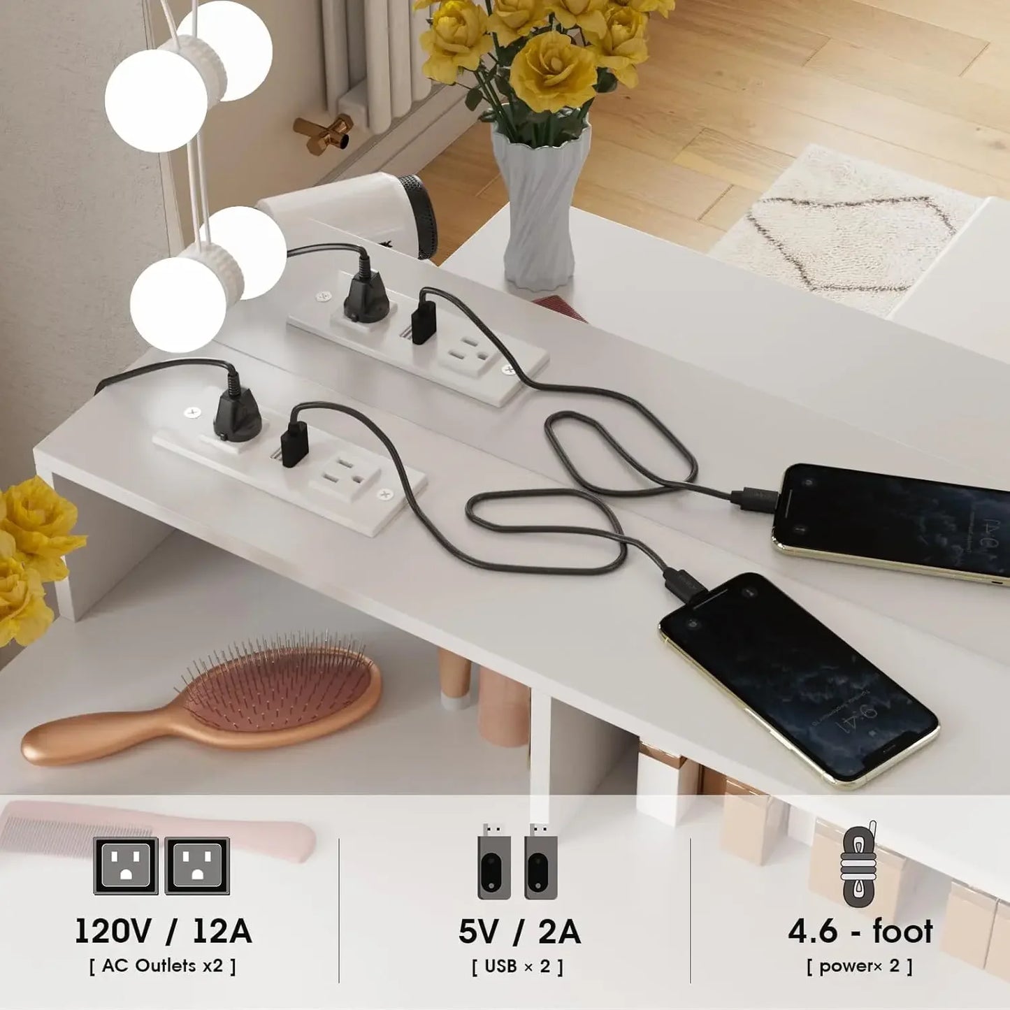 Vanity Desk with Mirror & Lights – Makeup Vanity with 3-Color LED, Charging Station & Clothes Hook, Large Storage Vanity Set